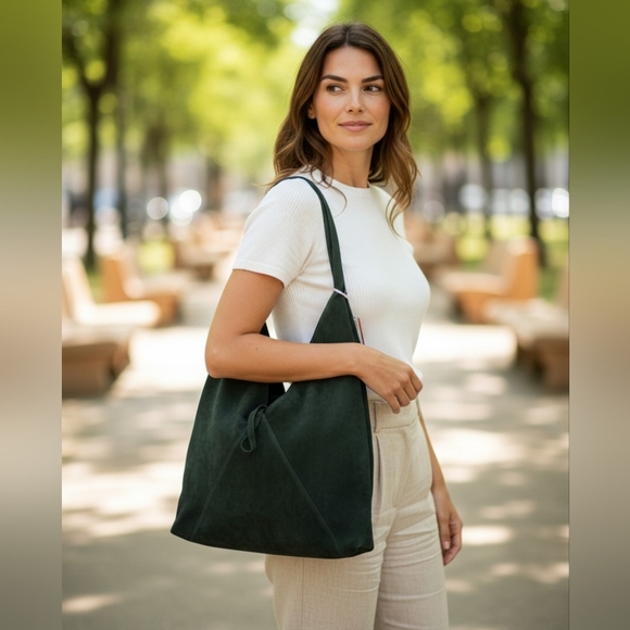 Cheval Firenze Handbags - CHEVEL FIRENZA GENUINE ITALIAN LEATHER  DARK GREEN SUEDE TOTE BAG
